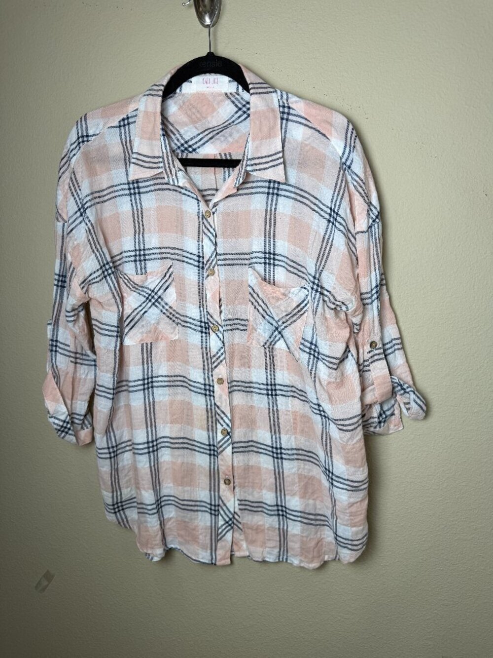 Peach Love California Boutique Pink & Blue Plaid Linen Like Shirt Top Size Large